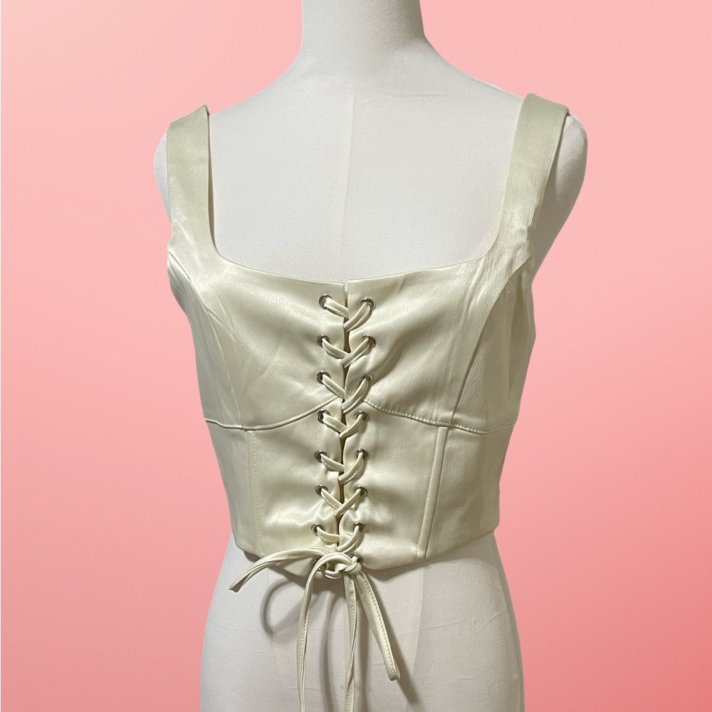 Cream Lace-Up Satin Corset Top